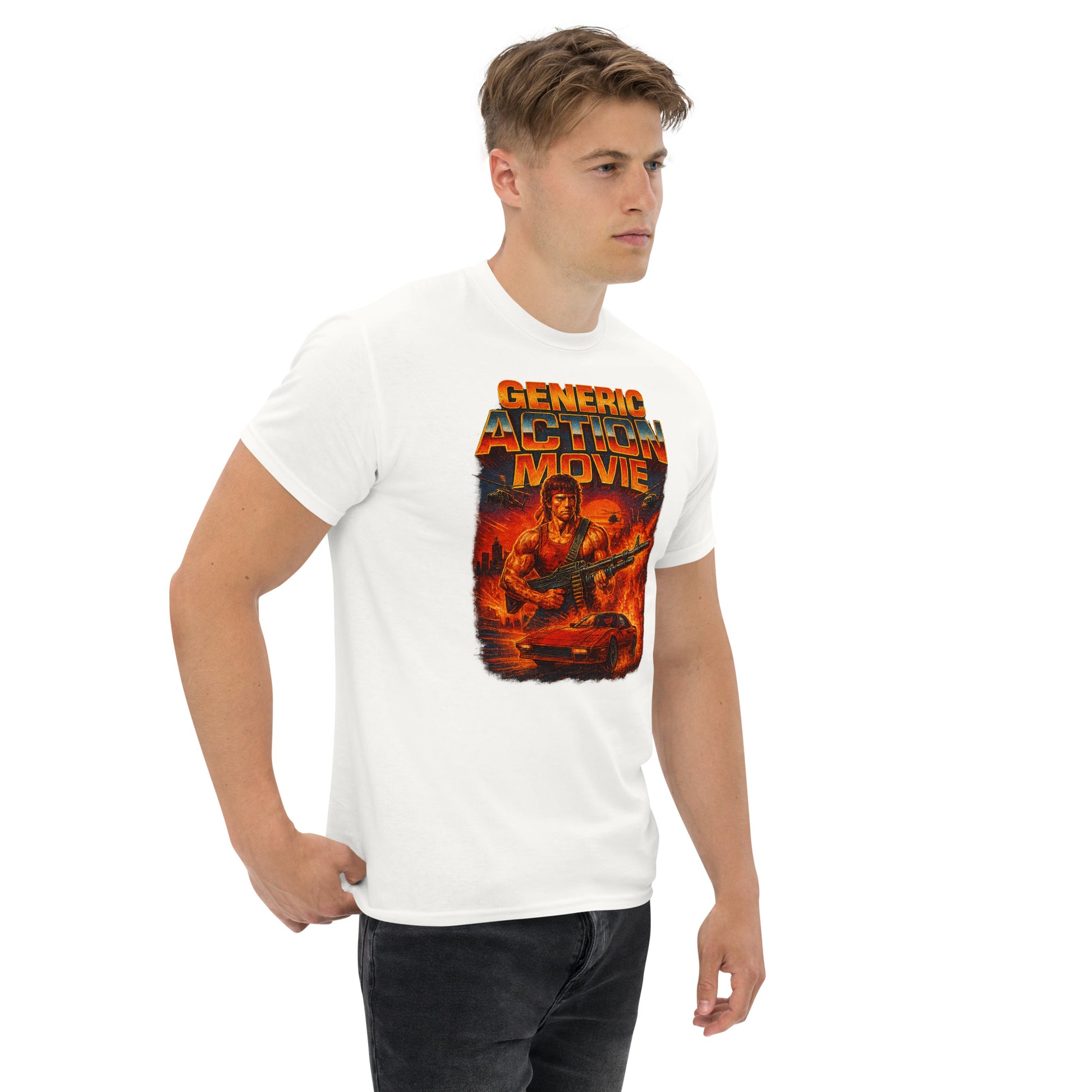 Man wearing a white t-shirt with a graphic design and text on a white background