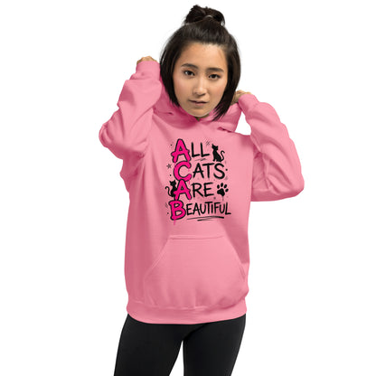 Person wearing a pink hoodie with 'All Cats Are Beautiful' text and graphics.