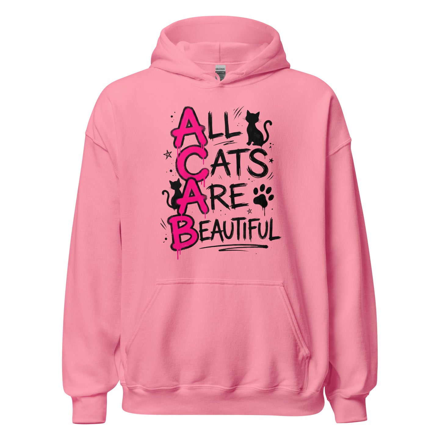 Pink hoodie with 'All Cats Are Beautiful' text and cat illustrations on a white background