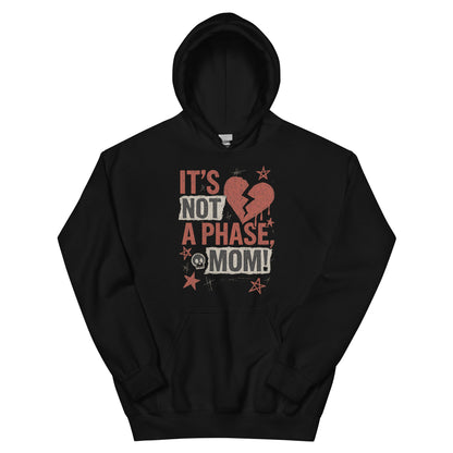 Black hoodie with a graphic design and text on a white background