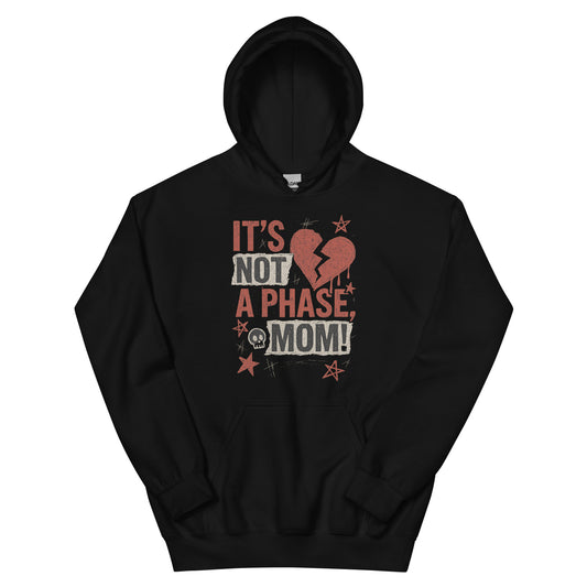 Black hoodie with a graphic design and text on a white background