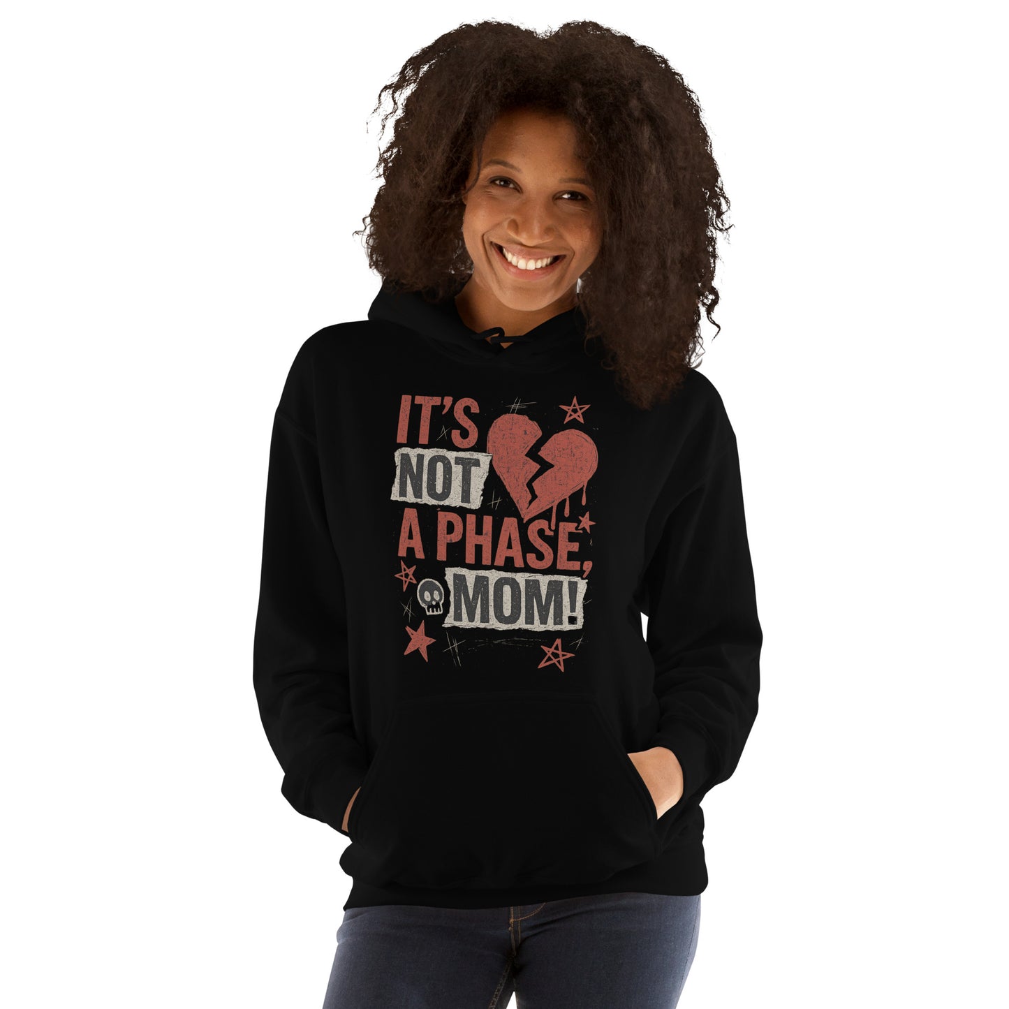 Person wearing a black hoodie with text and graphic design on a white background