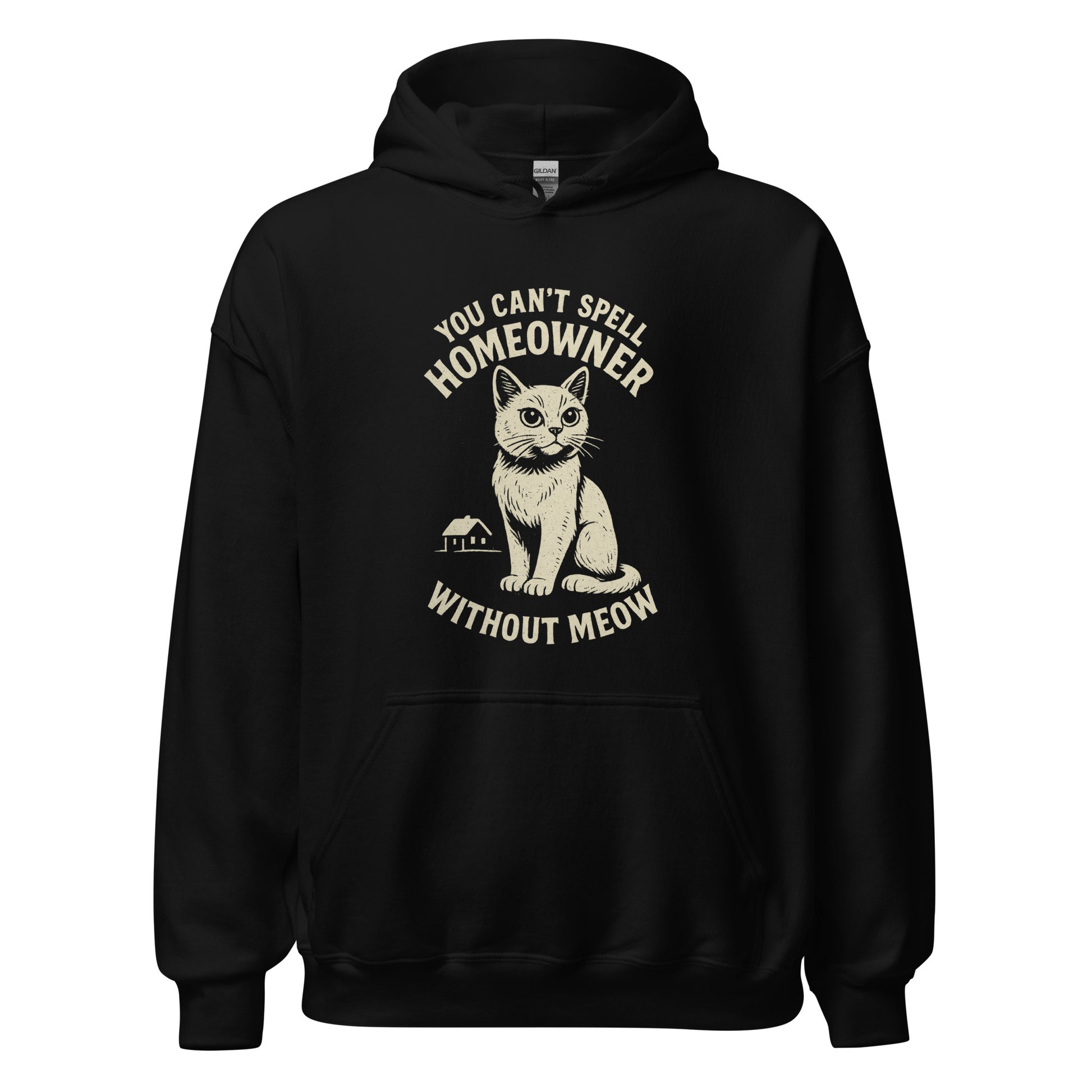 Black hoodie with a cat graphic and text on a white background