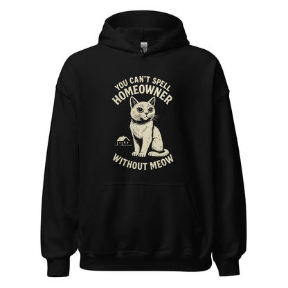 Black hoodie with a cat graphic and text on a white background