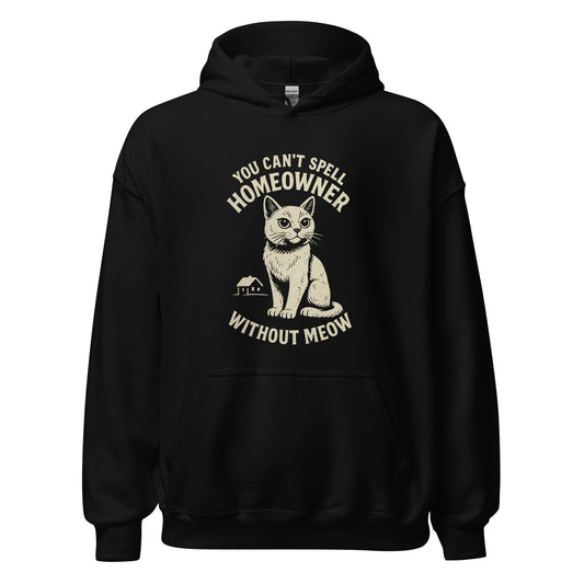 Black hoodie with a cat graphic and text on a white background