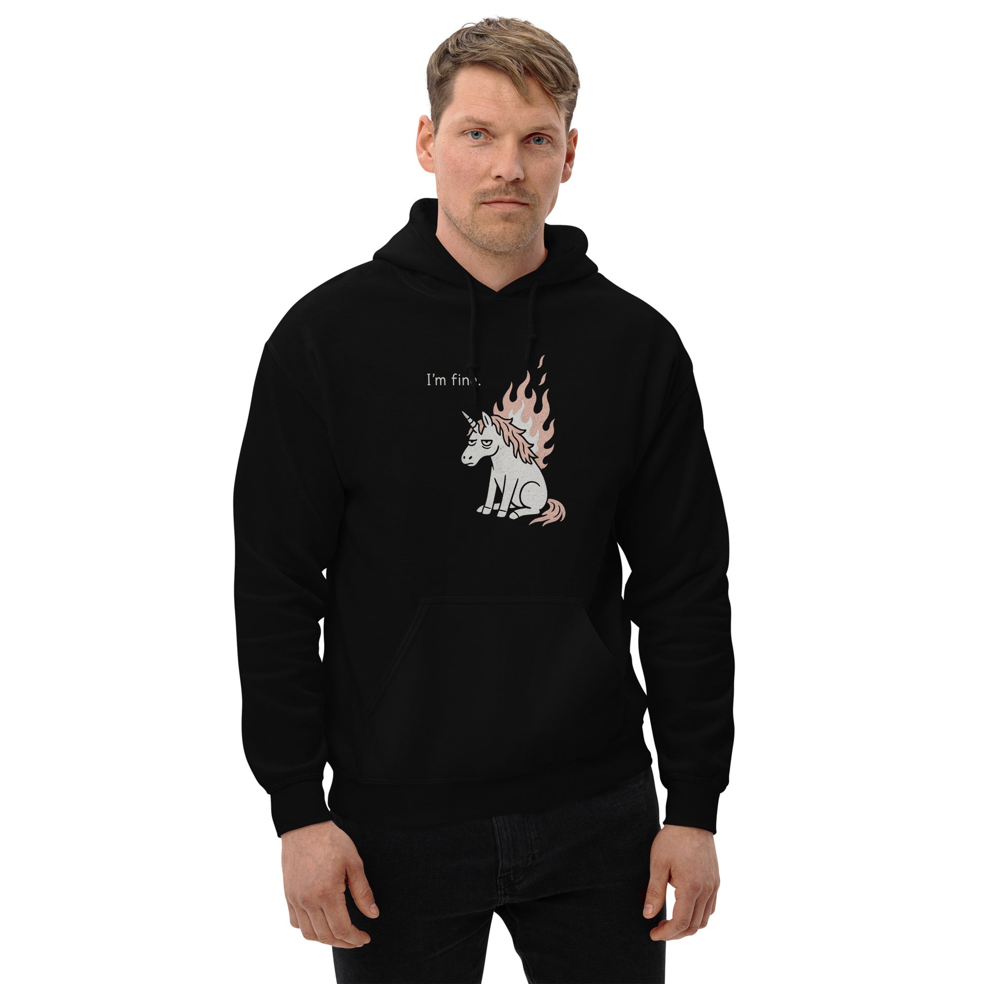 Man wearing a black hoodie with a unicorn graphic and text on a white background