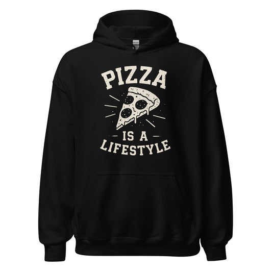 Black hoodie with 'Pizza is a Lifestyle' text and graphic on a white background