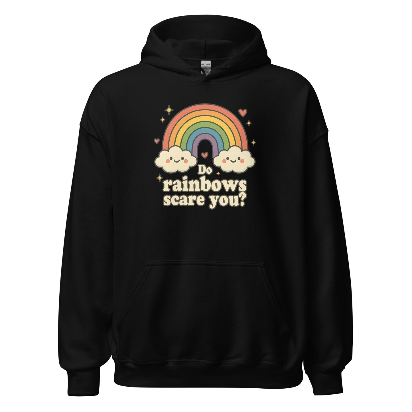 Black hoodie with rainbow and cloud design on a white background