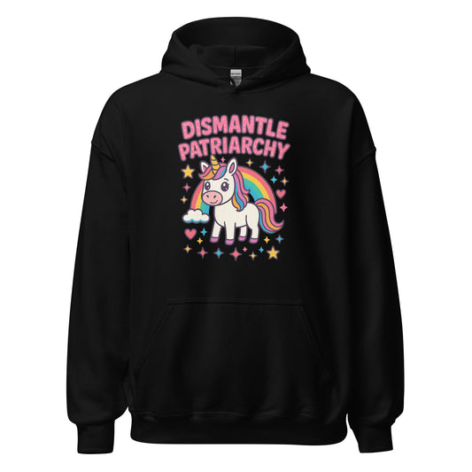 Black hoodie with unicorn graphic and 'Dismantle Patriarchy' text on a white background