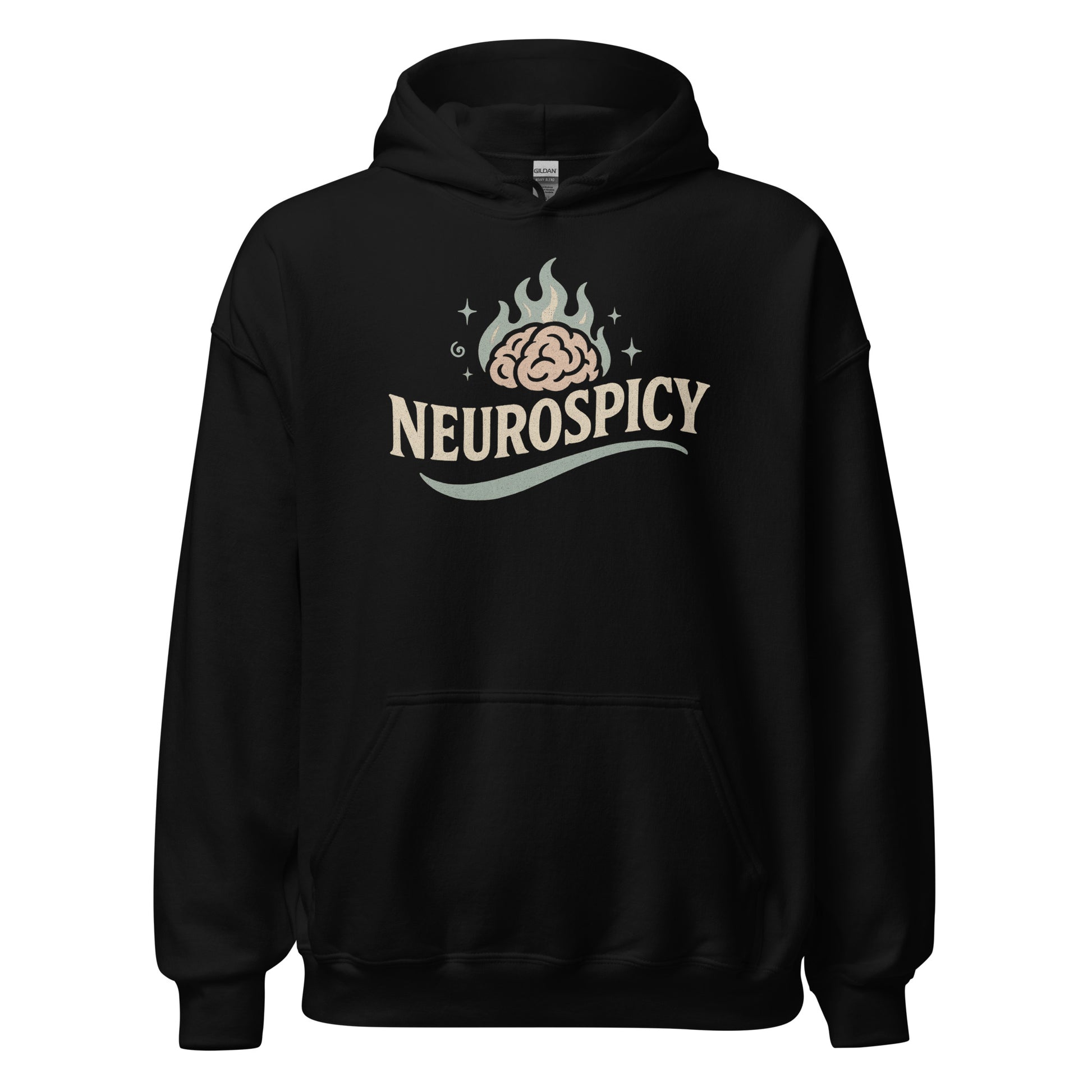Black hoodie with 'NEUROSPICY' design on a white background