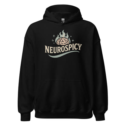 Black hoodie with 'NEUROSPICY' design on a white background