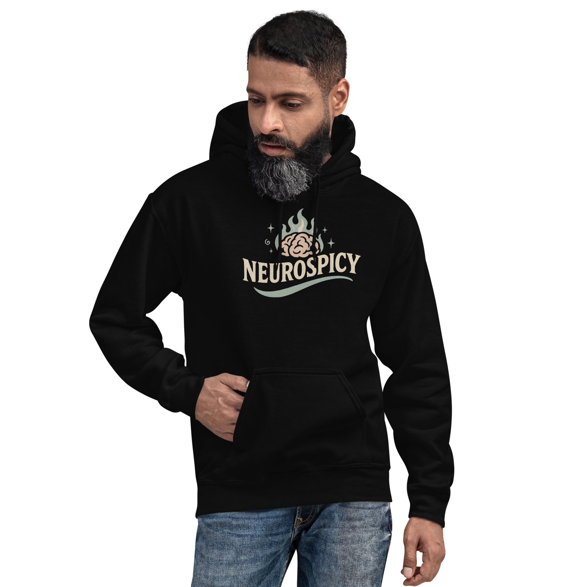 Man wearing a black hoodie with 'Neurospicy' logo on a white background
