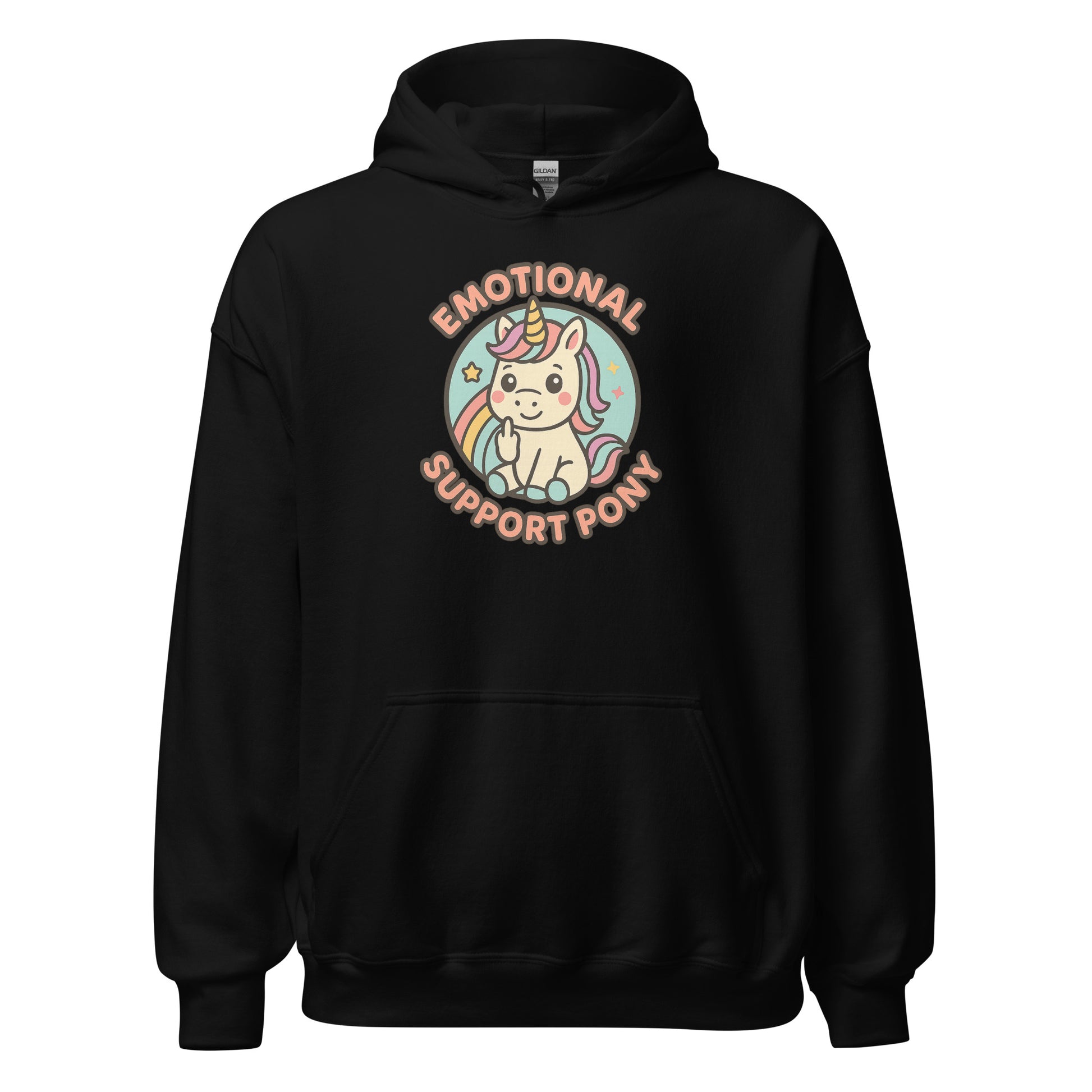 Black hoodie with a colorful unicorn graphic and text on a white background
