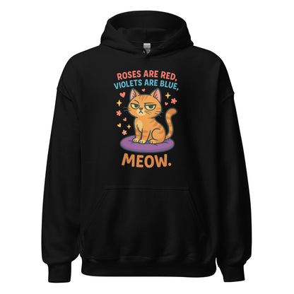 Black hoodie with a cat graphic and text on a white background
