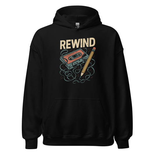Black hoodie with 'REWIND' design featuring a cassette tape and pencil on a white background