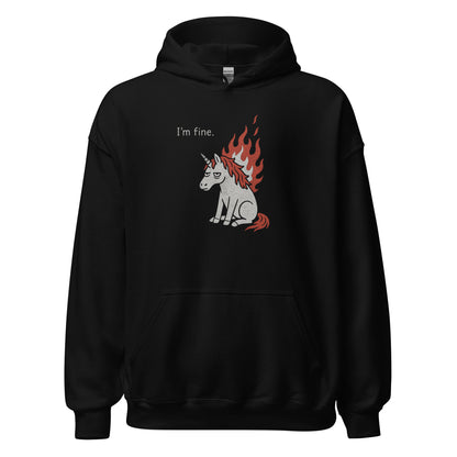 Black hoodie with a unicorn graphic and 'I'm fine.' text on a white background