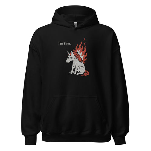 Black hoodie with a unicorn graphic and 'I'm fine.' text on a white background