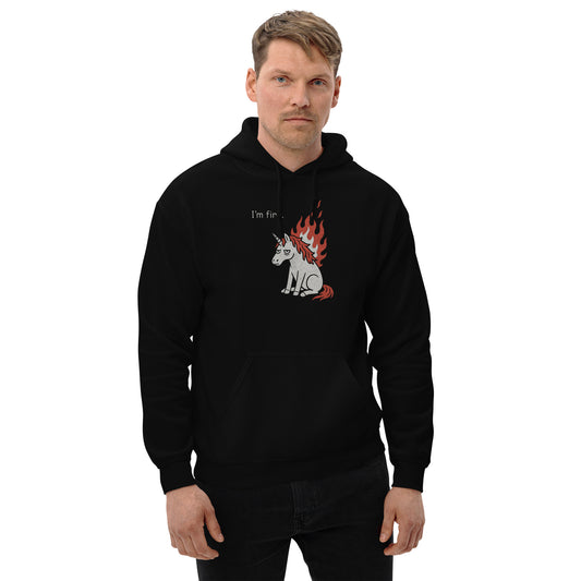 Man wearing a black hoodie with a graphic design on a white background