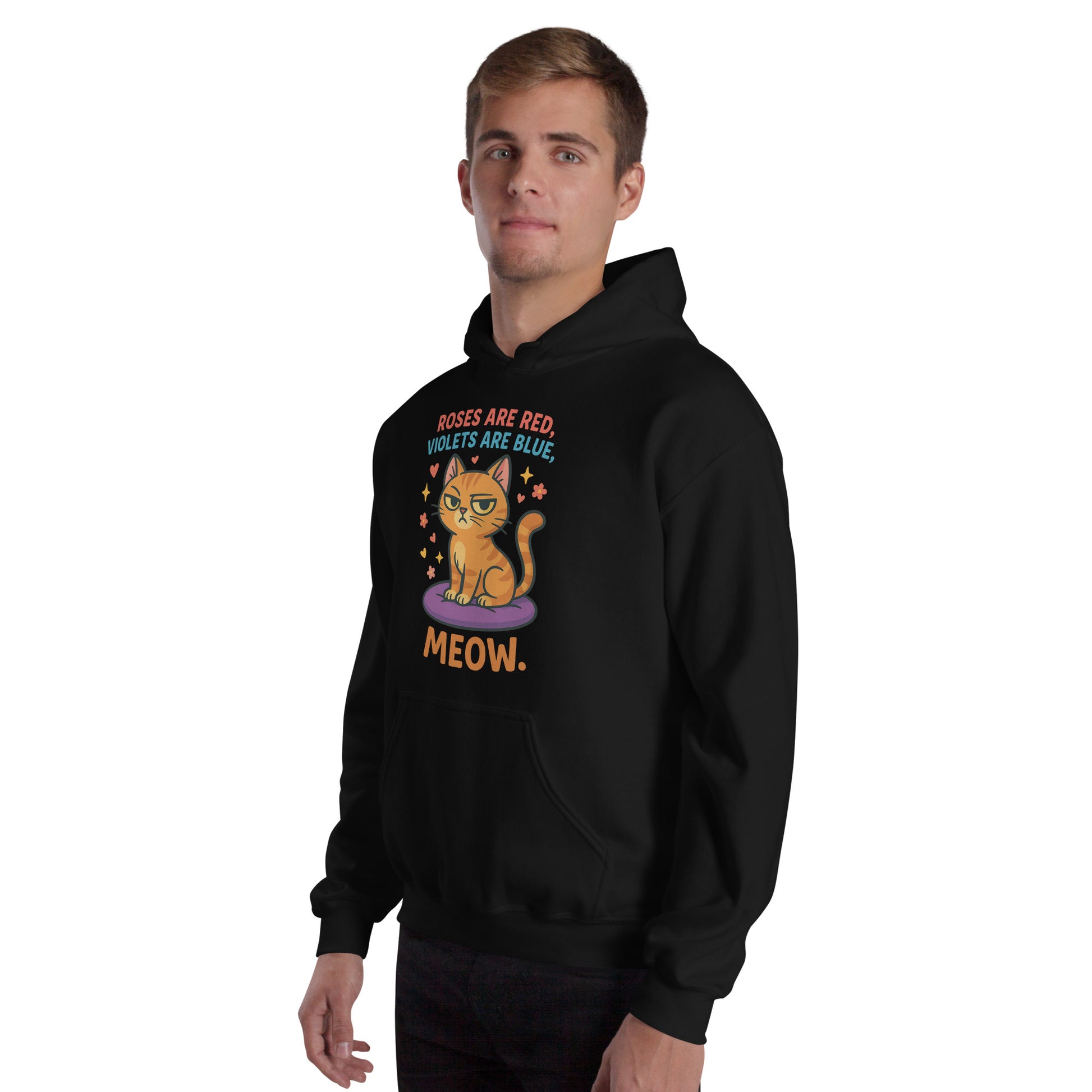 Person wearing a black hoodie with a cat graphic and text on a white background