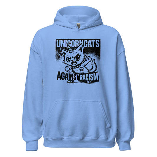 Light blue hoodie with a unicorncat and a text reading "Unicorncats against racism"