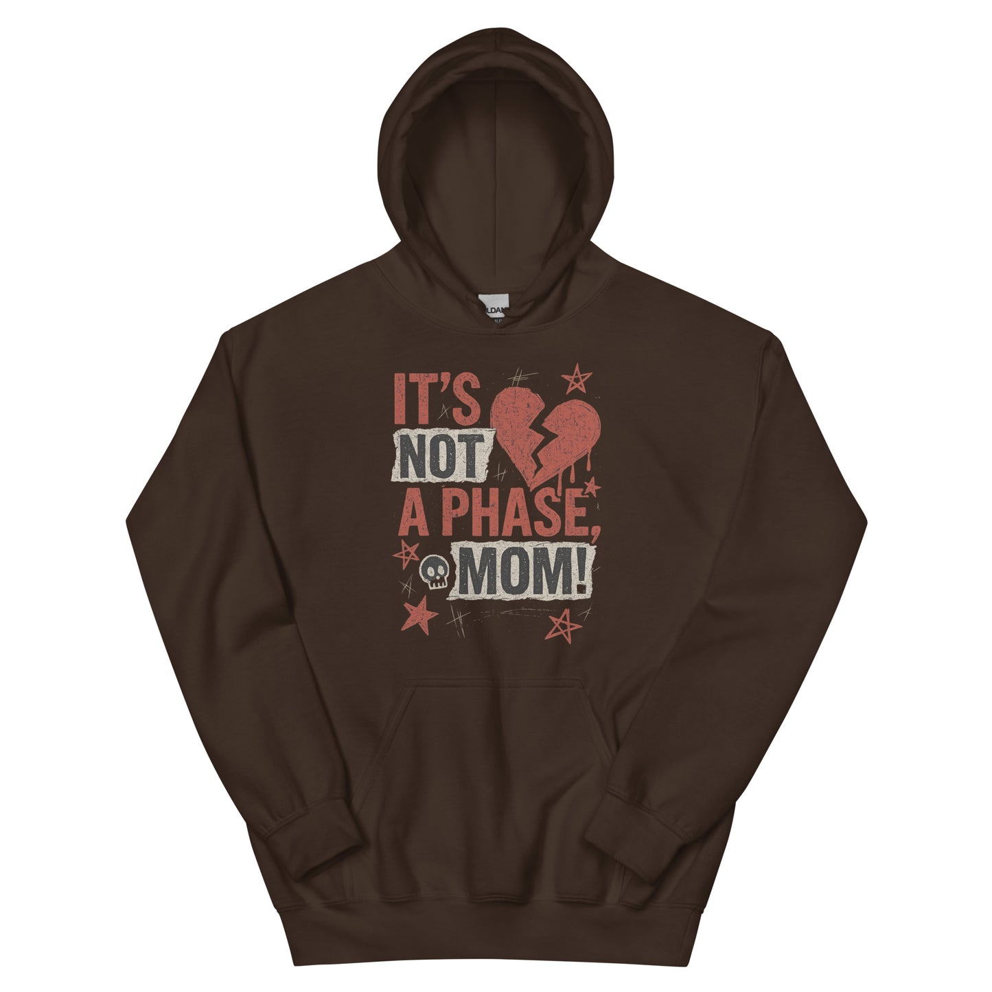 Brown hoodie with a graphic design and text on a white background