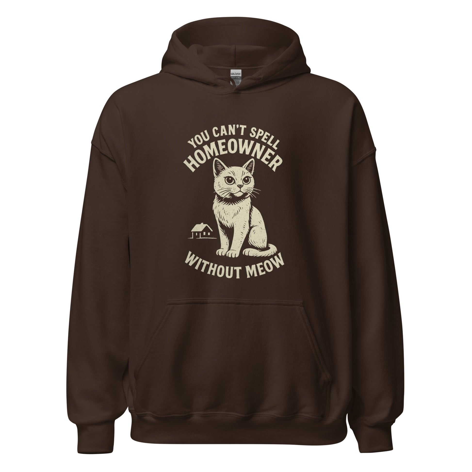 Brown hoodie with a cat graphic and text on a white background