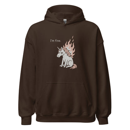 Brown hoodie with a unicorn graphic and 'I'm fine.' text on a white background