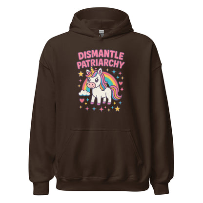 Brown hoodie with unicorn graphic and 'Dismantle Patriarchy' text on a white background