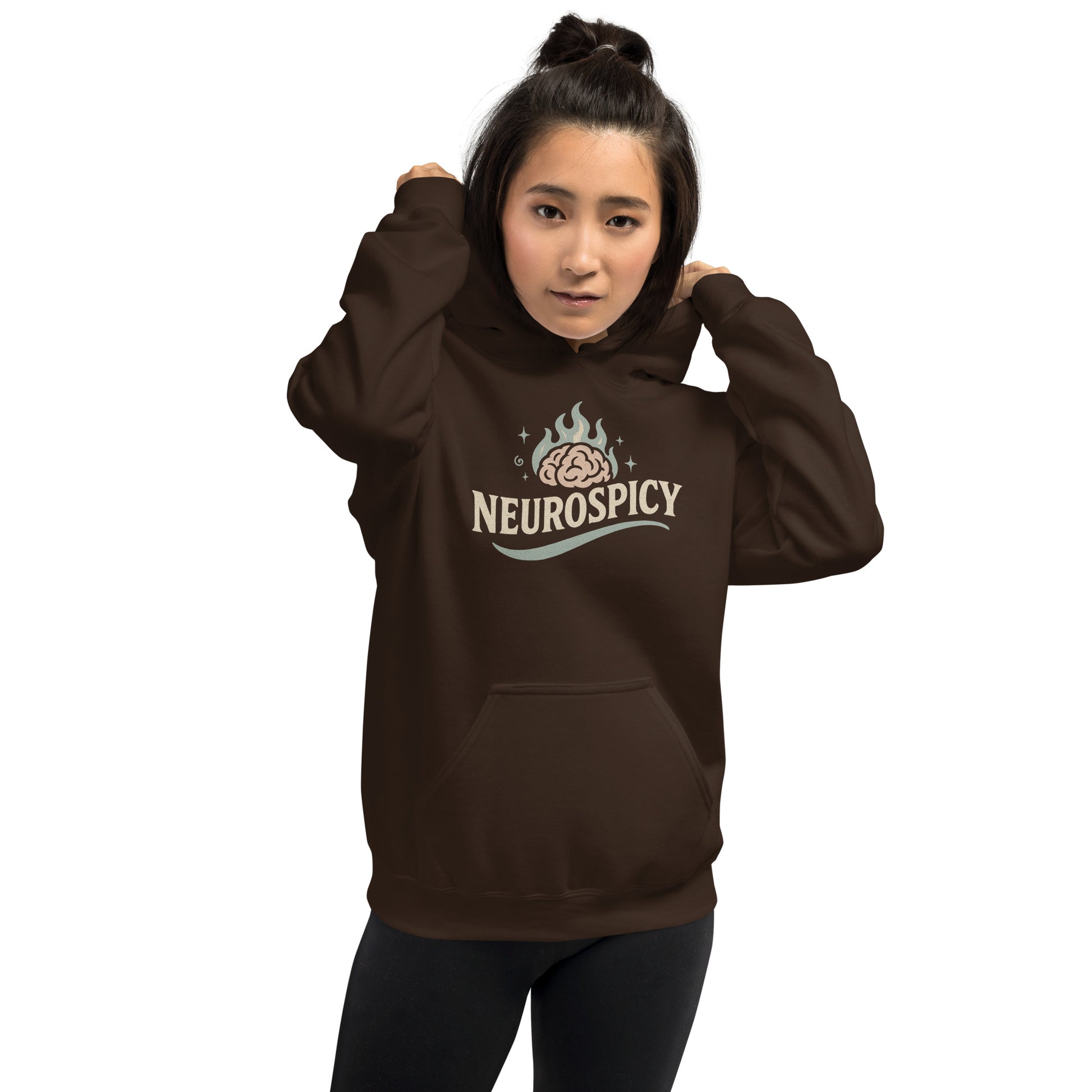 Person wearing a brown hoodie with 'NEUROSPICY' design on a white background