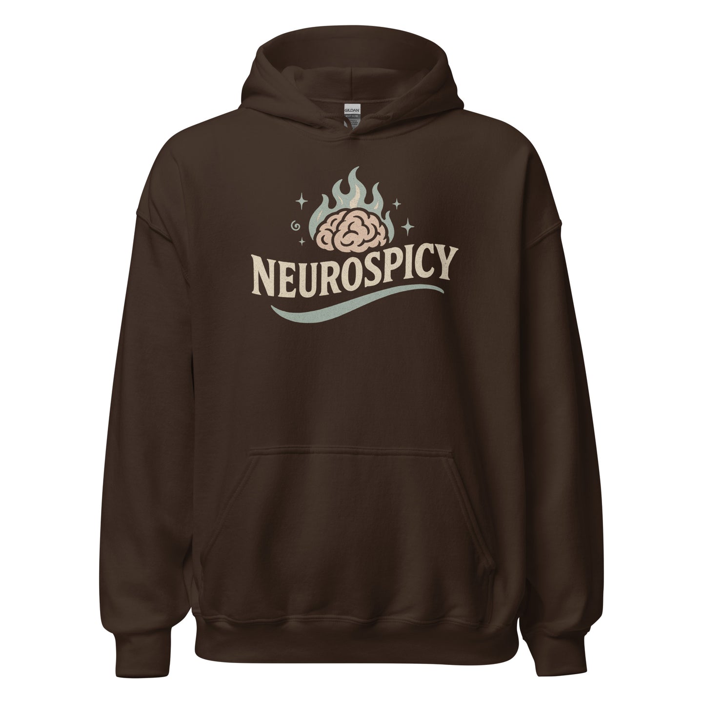 Brown hoodie with 'NEUROSPICY' logo on a white background