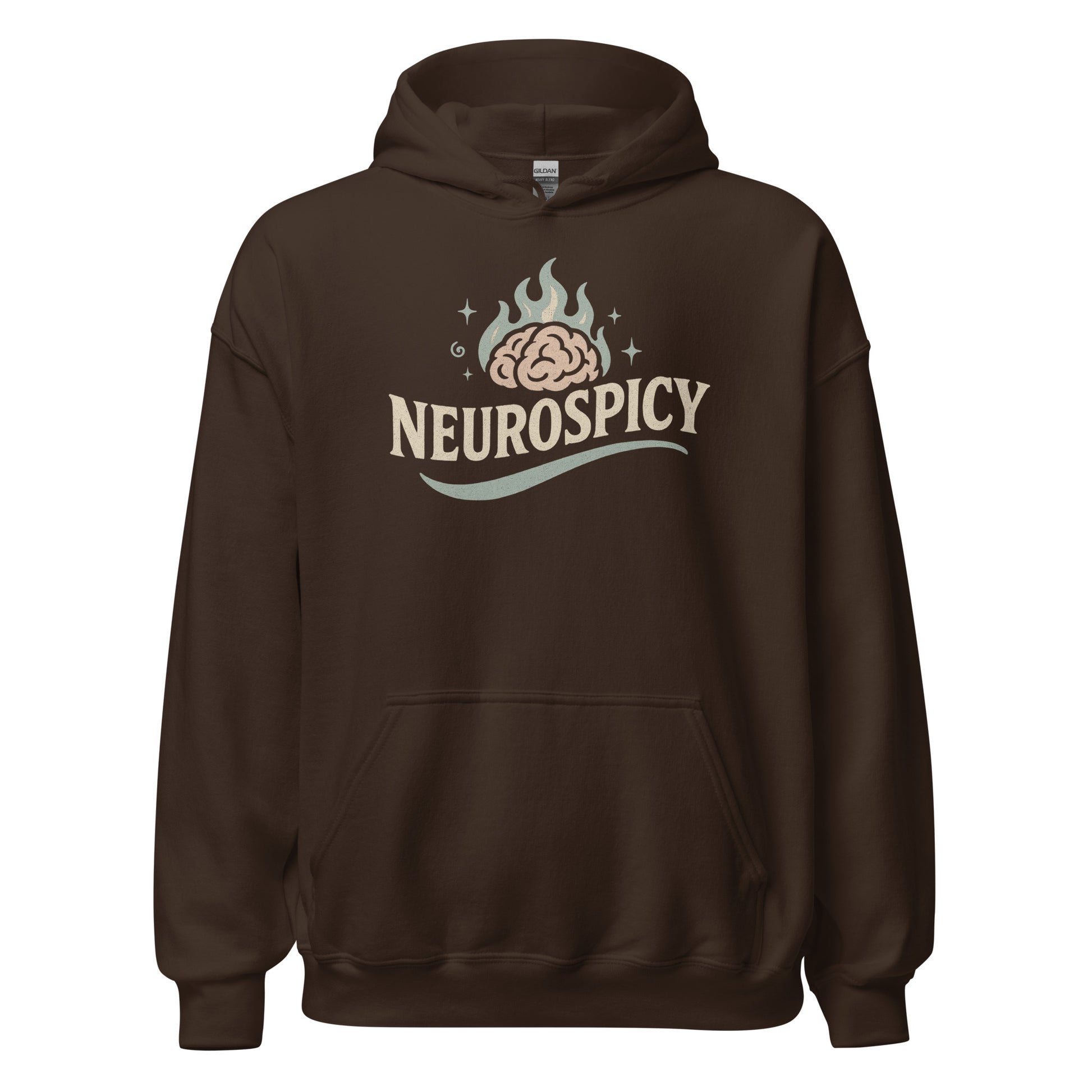 Brown hoodie with 'NEUROSPICY' logo on a white background