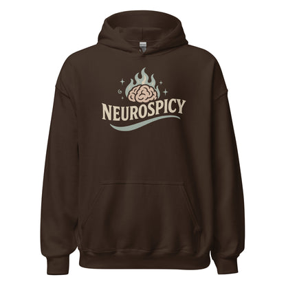 Brown hoodie with 'NEUROSPICY' logo on a white background