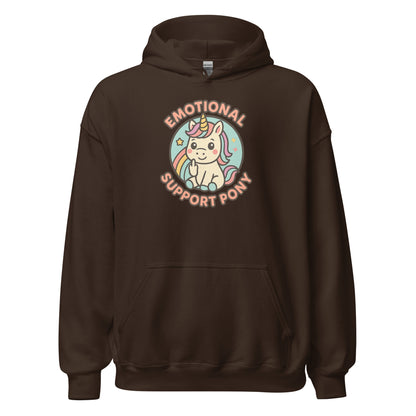 Brown hoodie with a colorful unicorn graphic and text on a white background