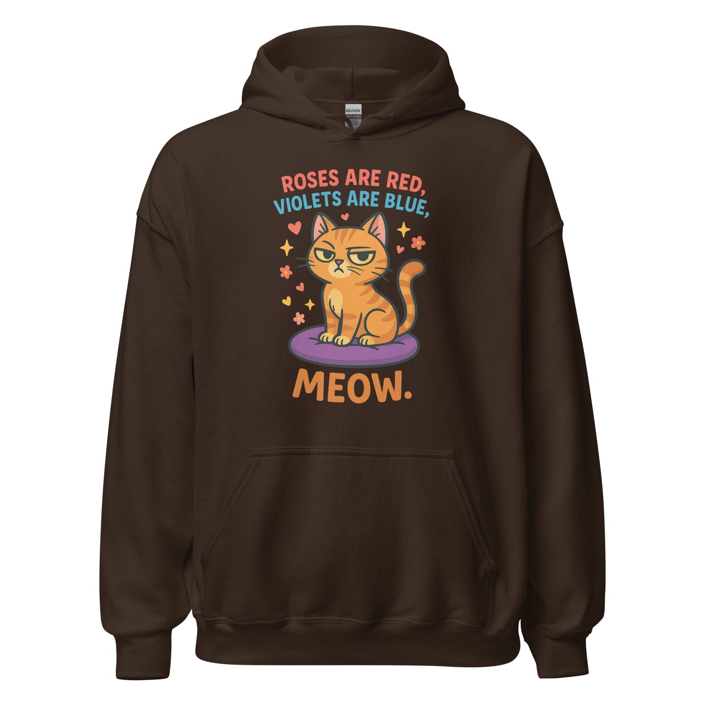 Brown hoodie with a cat graphic and text on a white background