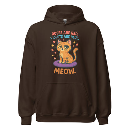 Brown hoodie with a cat graphic and text on a white background