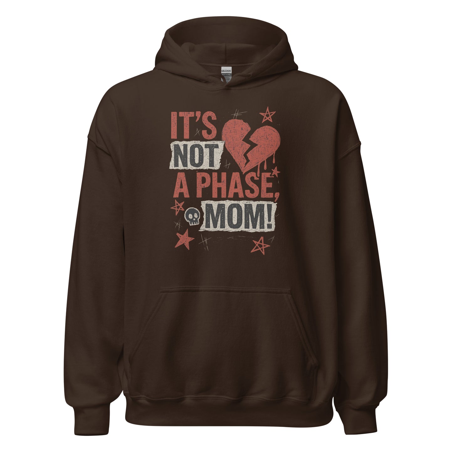 Brown hoodie with graphic design and text on a white background