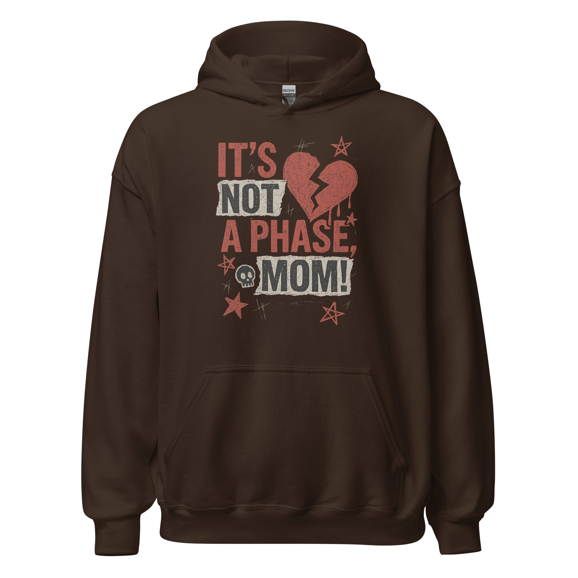 Brown hoodie with graphic design and text on a white background