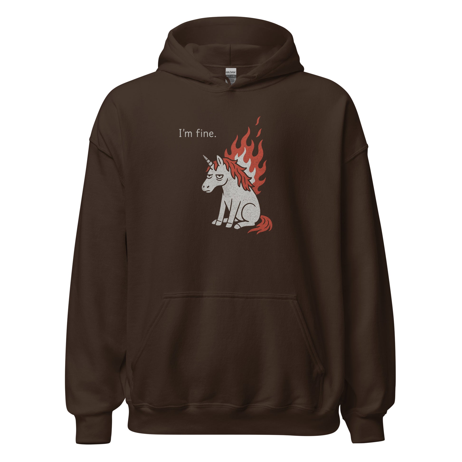 Brown hoodie with a graphic of a unicorn and text 'I'm fine.' on a white background
