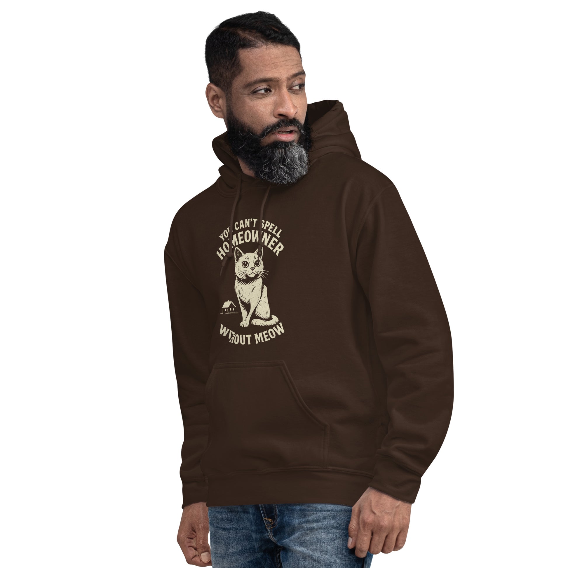 Man wearing a brown hoodie with a graphic design on a white background