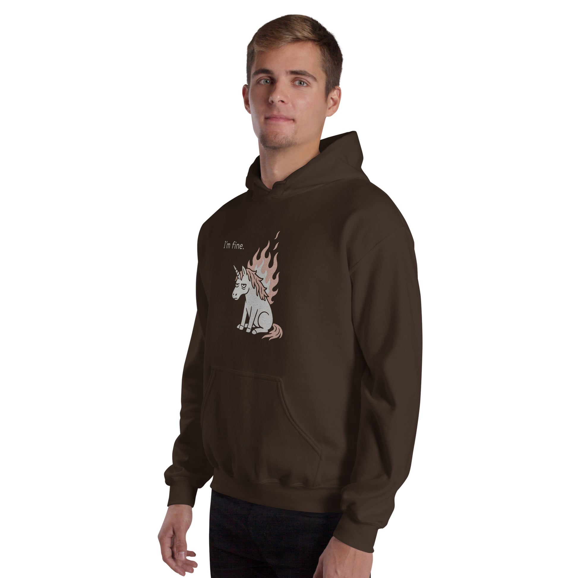 Man wearing a brown hoodie with a graphic design on a white background