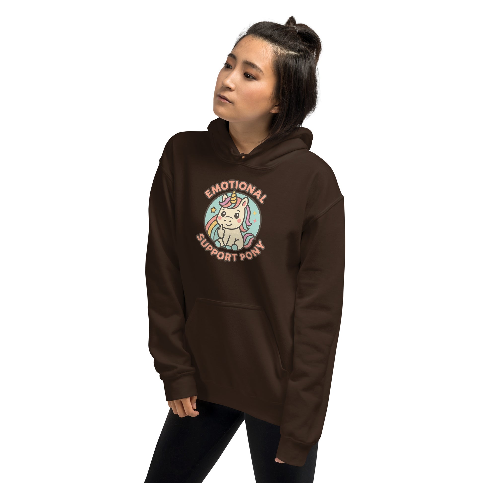 Person wearing a brown hoodie with a graphic design on a white background