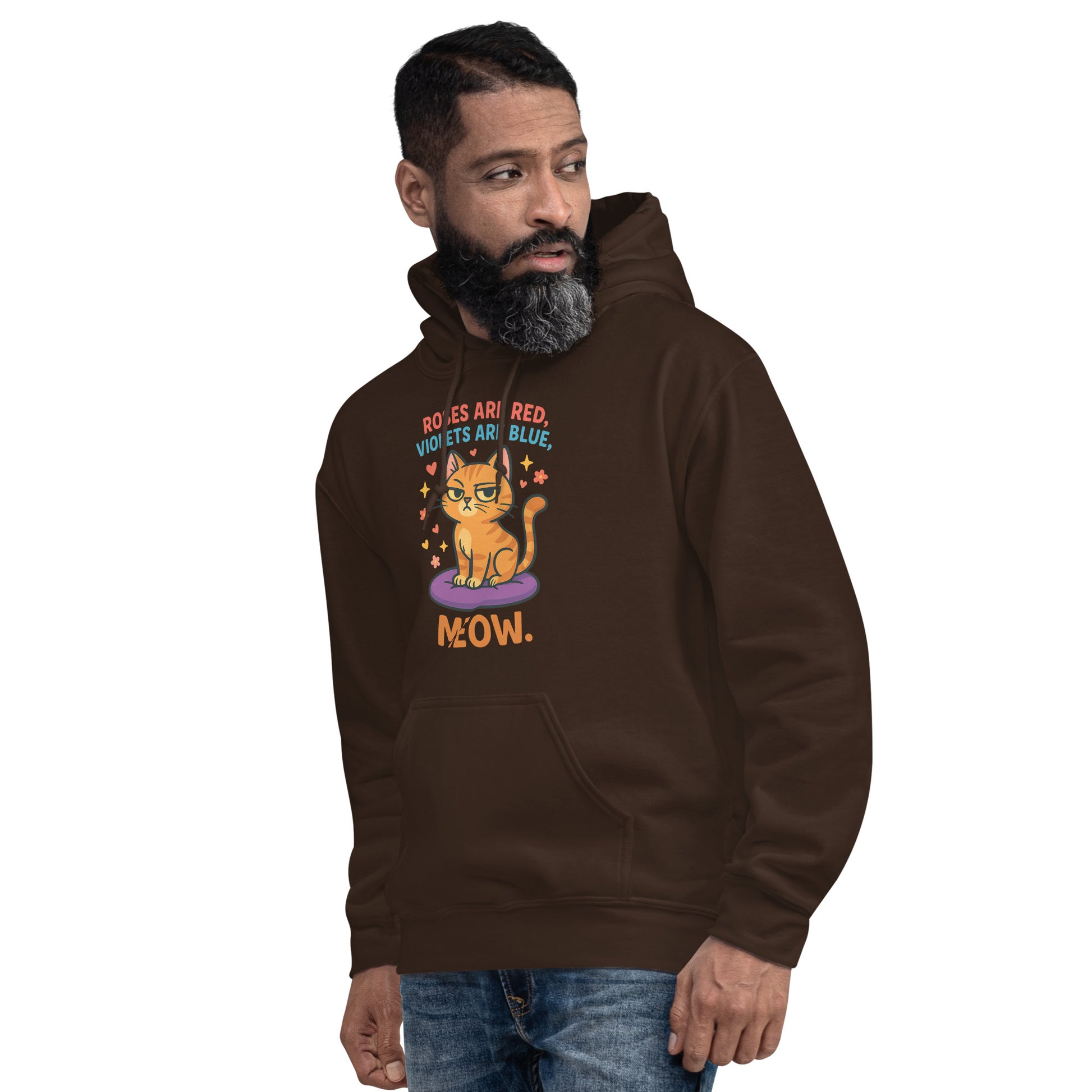 Man wearing a brown hoodie with a cat graphic and text on a white background