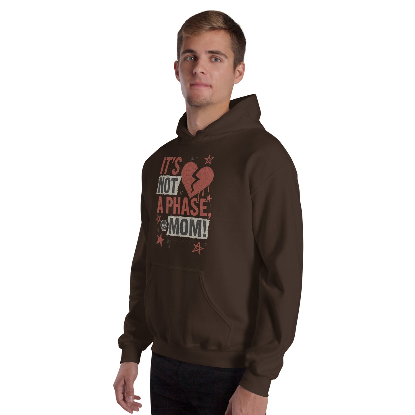 Man wearing a brown hoodie with text design on a white background