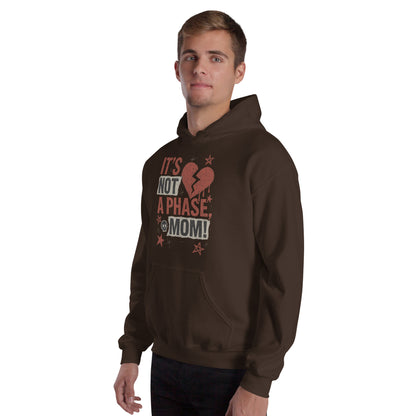 Man wearing a brown hoodie with text design on a white background