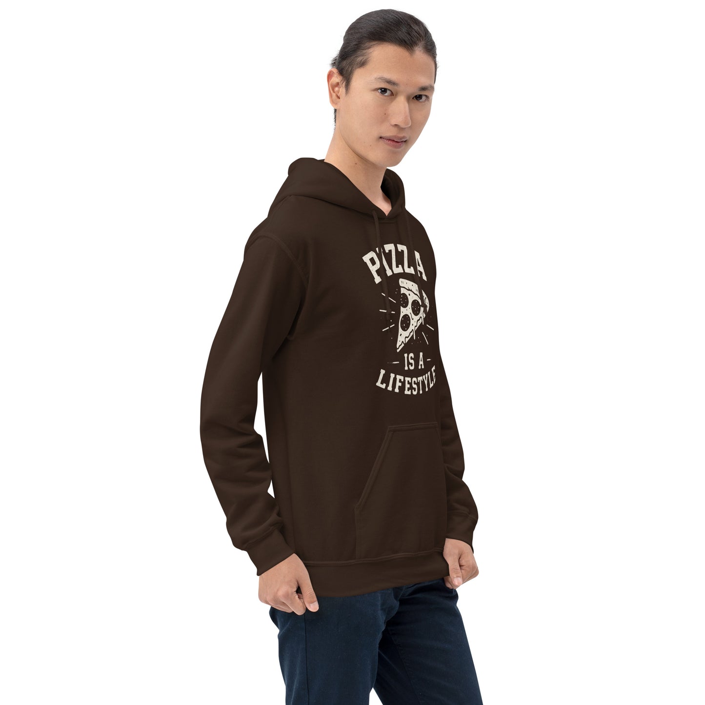 Man wearing a brown hoodie with 'Pizza is a Lifestyle' text and pizza graphic on a white background