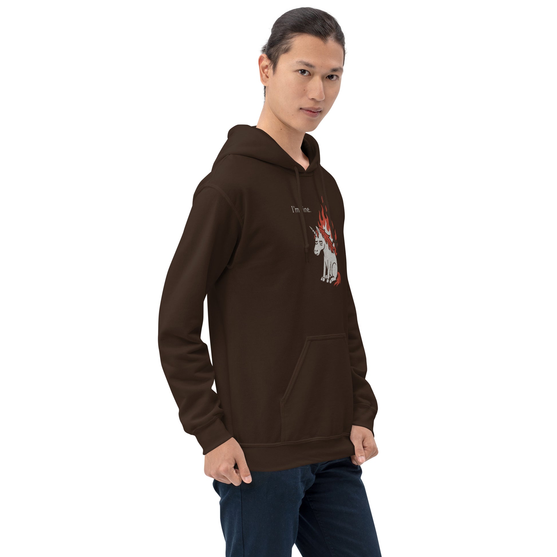 Man wearing a brown hoodie with a graphic design on a white background