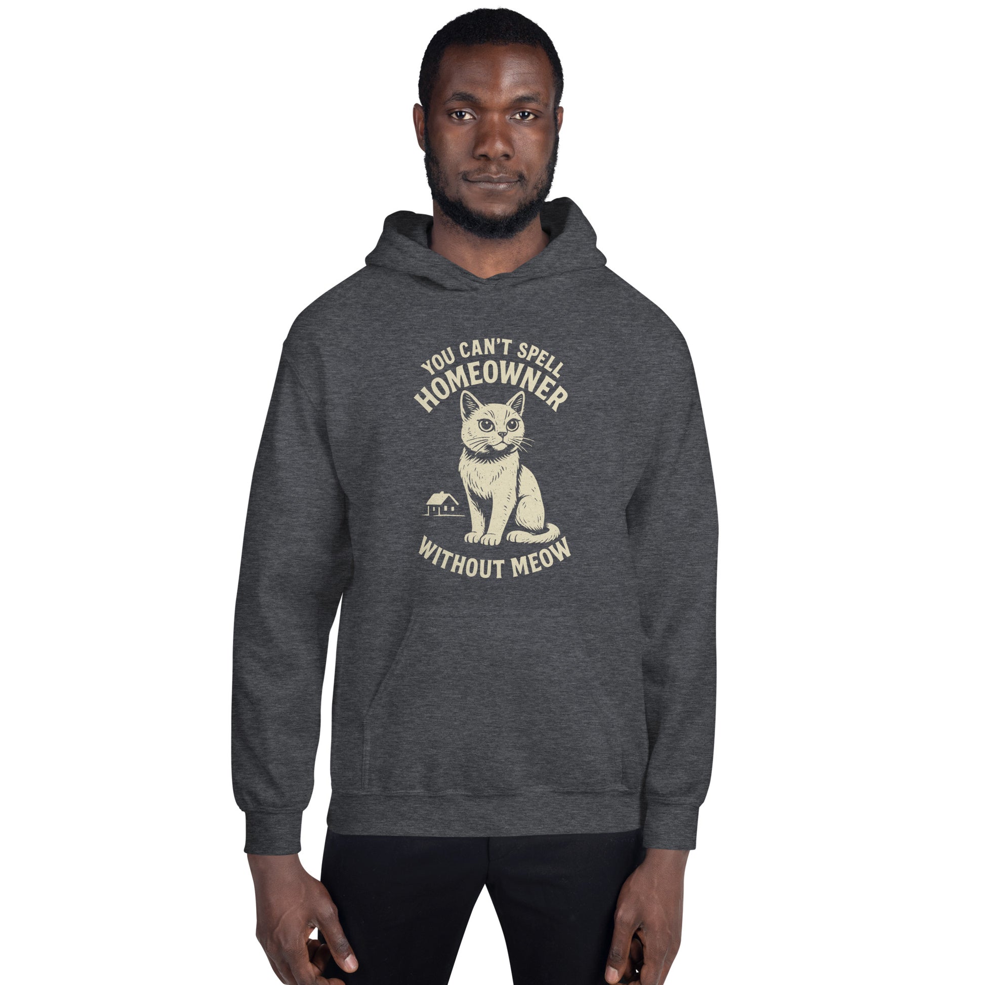 Person wearing a dark gray hoodie with a cat graphic and text on a white background