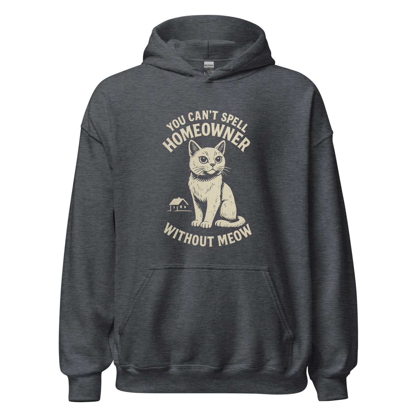 Dark gray hoodie with a cat graphic and text on a white background