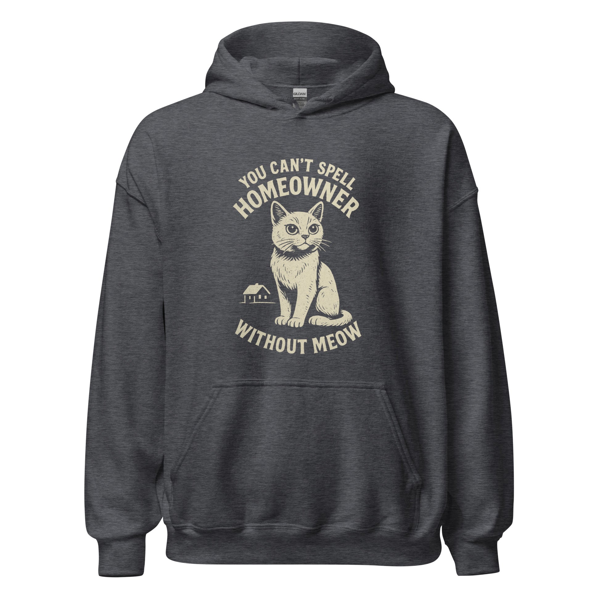 Dark gray hoodie with a cat graphic and text on a white background