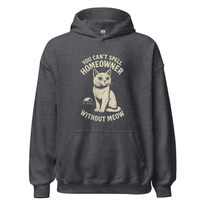 Dark gray hoodie with a cat graphic and text on a white background